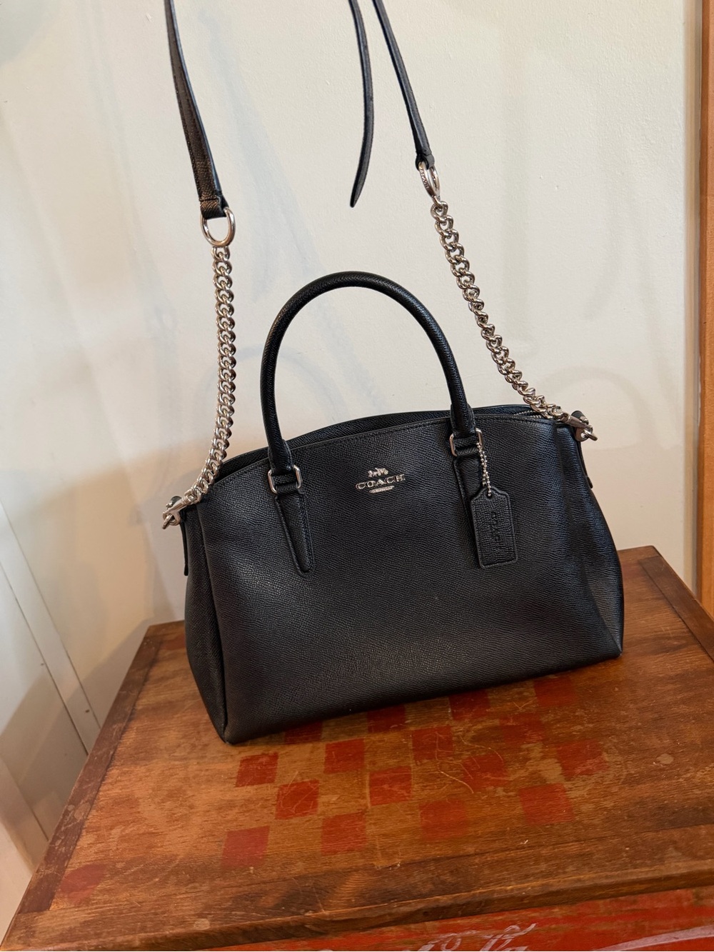 Coach Black Pebbled Leather Satchel with Chain-Detail Shoulder Strap